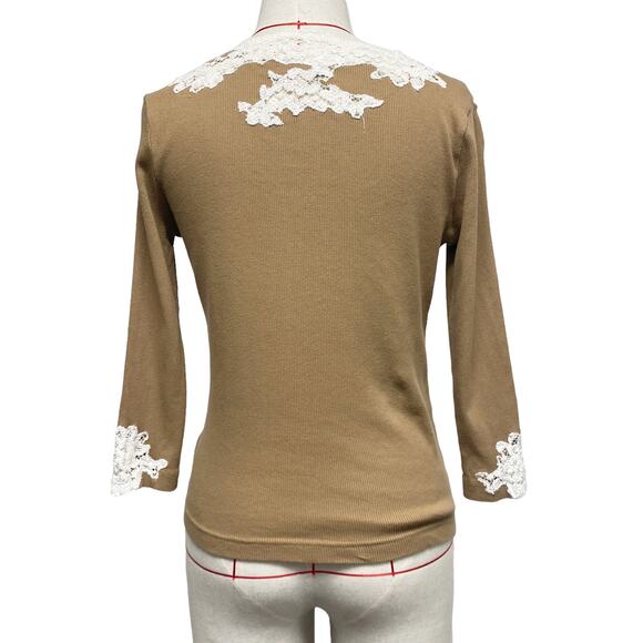 Cha Cha Vente Womens Size M Brown Ribbed Lace Trim Long Sleeve Top - Picture 6 of 6